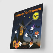 ハッピーハローウィン幽霊のよく出るハウス スクエア壁時計 (傾斜)
