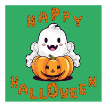 ハッピーハローウィン幽霊カボチャに座っている