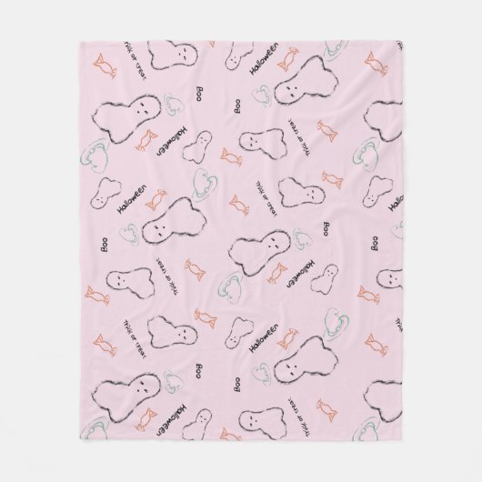 ハッピーハローウィン幽霊キャンディハンドレタリングドードル フリースブランケット (正面)