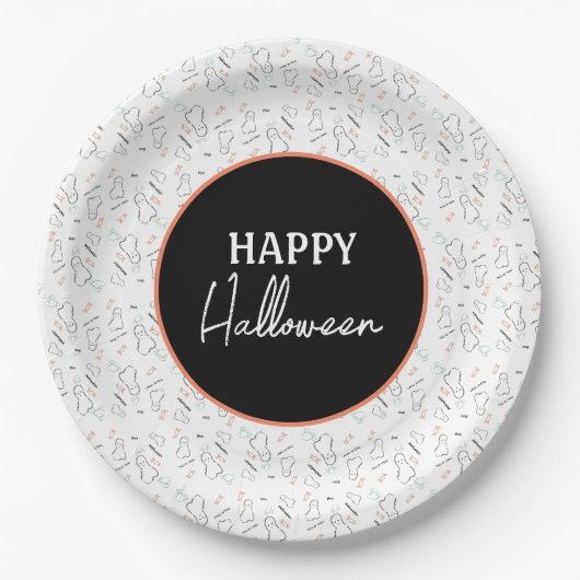 ハッピーハローウィン幽霊キャンディハンドレタリングドードル ペーパープレート (正面)