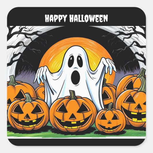 ハッピーハローウィン幽霊 スクエアシール (正面)