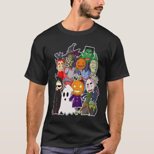 ハッピーハローウィン怖いモンスターズぶら下がったアウト Tシャツ (正面)