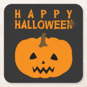 ハッピーハローウィン文字とパンプキンオンブラック スクエアペーパーコースター (正面)