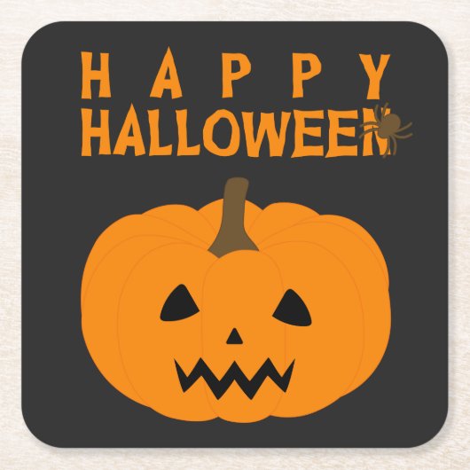 ハッピーハローウィン文字とパンプキンオンブラック スクエアペーパーコースター (正面)