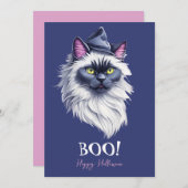 ハッピーハローウィン水色の白鳥の猫の魔女ハット シーズンカード (正面/裏面)