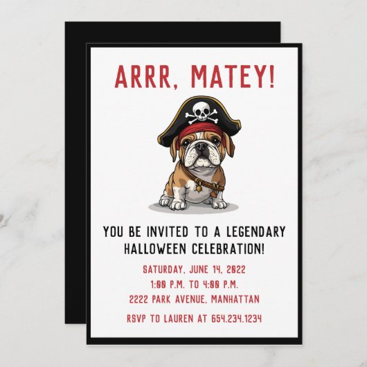 ハッピーハローウィン海賊英語ブルドッグ 招待状 (正面/裏面)