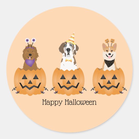 ハッピーハローウィン犬をカボチャに ラウンドシール (正面)