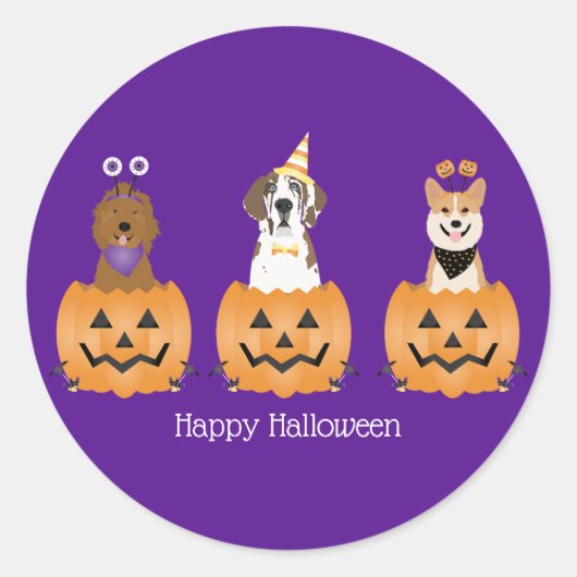 ハッピーハローウィン犬をカボチャに ラウンドシール (正面)