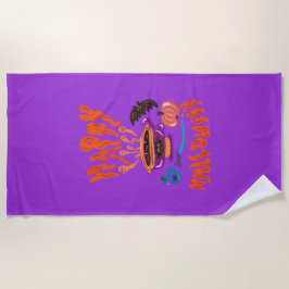 ハッピーハローウィン猫好き魔女のカップのコーヒー ビーチタオル