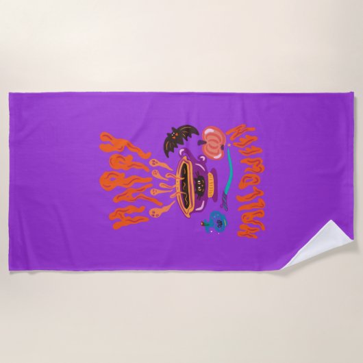 ハッピーハローウィン猫好き魔女のカップのコーヒー ビーチタオル (正面)