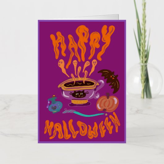 ハッピーハローウィン猫好き魔女のカップのコーヒー 箔グリーティングカード (正面)