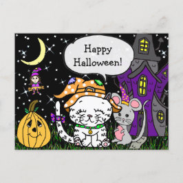 ハッピーハローウィン白猫とネズミかわいい ポストカード