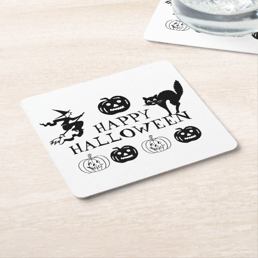 ハッピーハローウィン白黒不気味な装飾 スクエアペーパーコースター (アングル)
