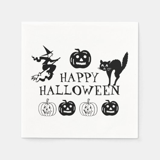 ハッピーハローウィン白黒不気味紙 スタンダードカクテルナプキン (正面)