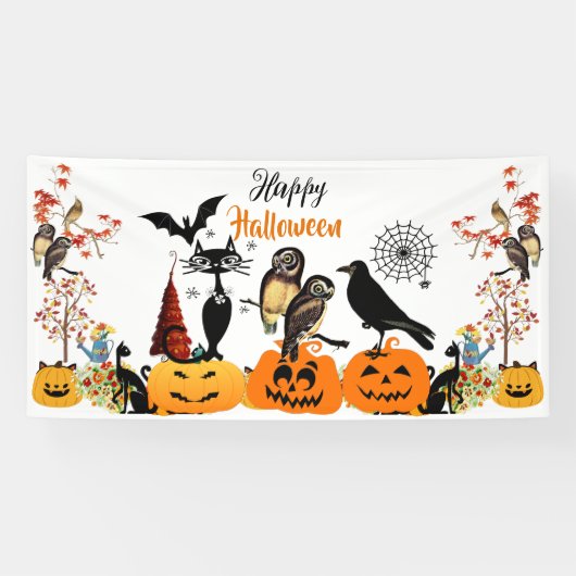 ハッピーハローウィン秋カボチャ黒猫フクロウ不気味 横断幕 (横)