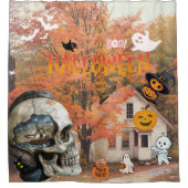 ハッピーハローウィン秋コテージスカルと船舶 シャワーカーテン (正面)