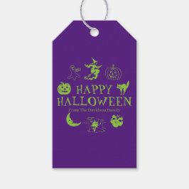 ハッピーハローウィン紫グリーン名前をカスタムするスプキー ギフトタグ