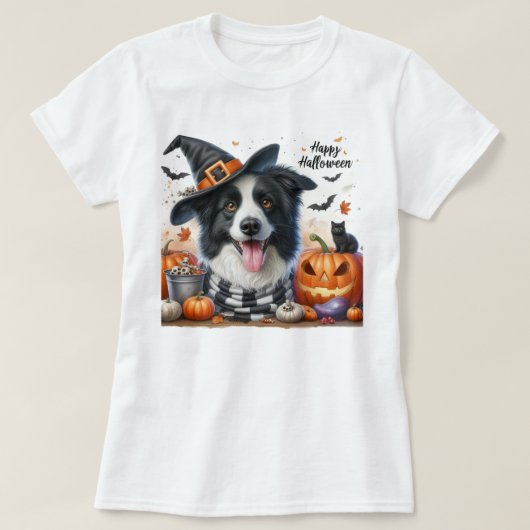 ハッピーハローウィン縁どコリー愛犬家 Tシャツ (デザイン正面)