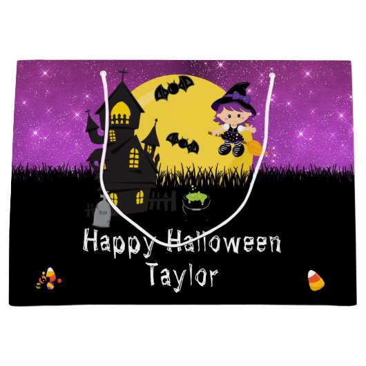 ハッピーハローウィン衣装パーティーウィッチパープル ラージペーパーバッグ (正面)