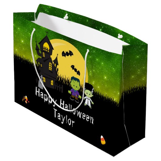 ハッピーハローウィン衣装パーティーモンスタースグリーン ラージペーパーバッグ (裏面アングル)