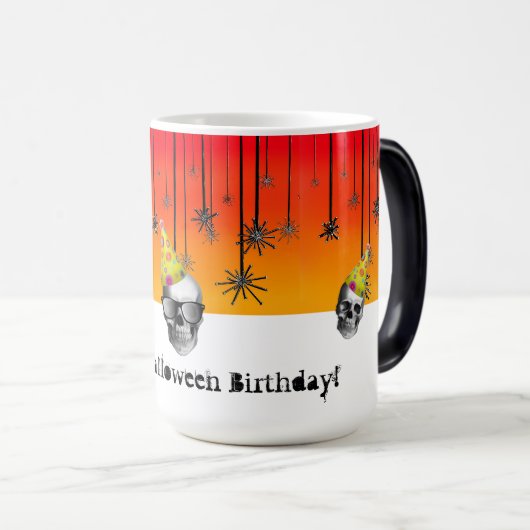 ハッピーハローウィン誕生日スカルとパーティー帽子 モーフィングマグカップ (正面右)