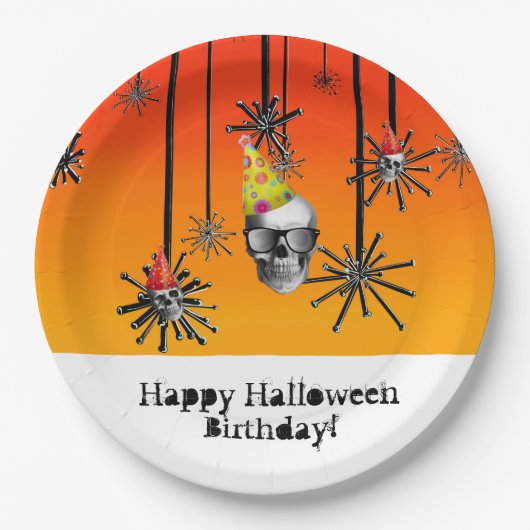 ハッピーハローウィン誕生日スカルのパーティー帽子 ペーパープレート (正面)