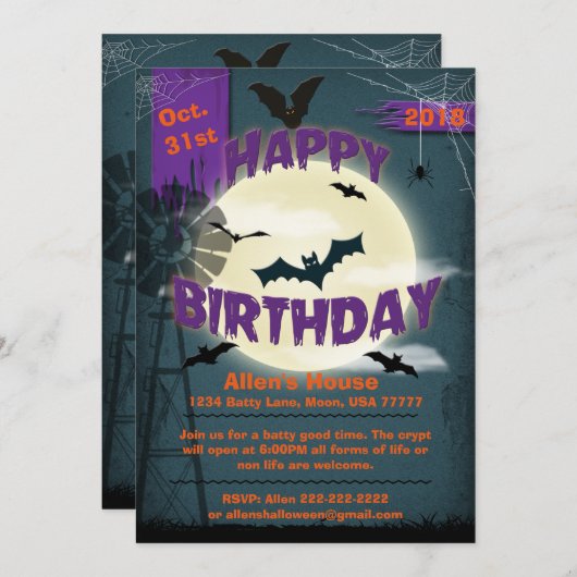 ハッピーハローウィン誕生日バティムーンライトパーティー5x7 招待状 (正面/裏面)
