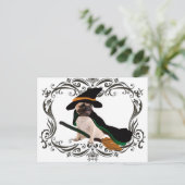 ハッピーハローウィン飛んでいるほうきの魔女パグ ポストカード (スタンド正面)