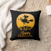 ハッピーハローウィン飛んでいるウィッチと猫とカボチャ クッション (ブランケット)