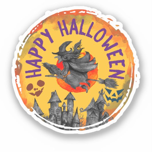ハッピーハローウィン飛んでいるウィッチ不気味ハウス シール (正面)