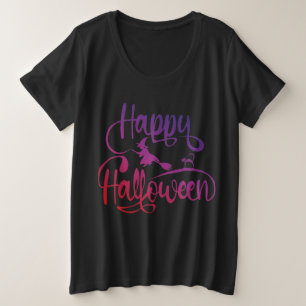 ハッピーハローウィン飛んでいる勾配魔猫 プラスサイズTシャツ