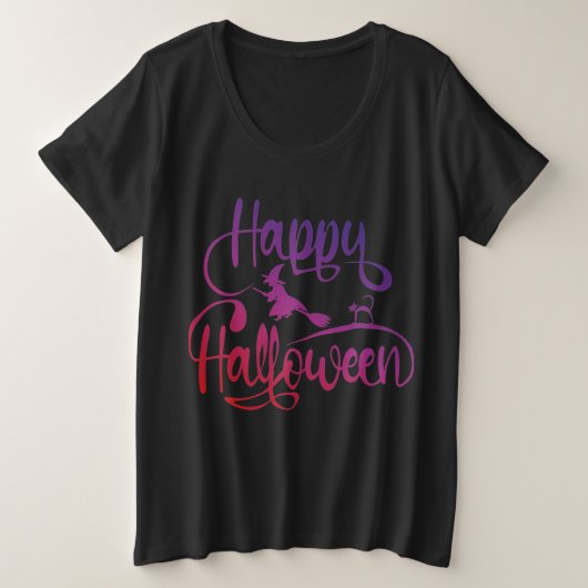 ハッピーハローウィン飛んでいる勾配魔猫 プラスサイズTシャツ (デザイン正面)