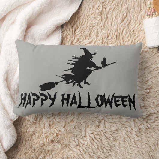 ハッピーハローウィン魔女と彼女のほうきオレンジのスロー ランバークッション (ブランケット)