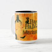 ハッピーハローウィン魔女,ネコをクモにする人がカボチャにフクロウ ツートーンマグカップ (正面左)