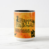 ハッピーハローウィン魔女,ネコをクモにする人がカボチャにフクロウ ツートーンマグカップ (中央)