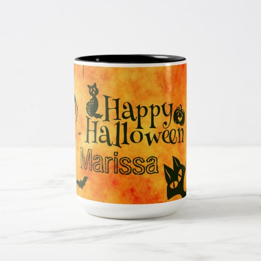 ハッピーハローウィン魔女,ネコをクモにする人がカボチャにフクロウ ツートーンマグカップ (中央)