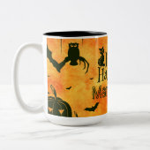 ハッピーハローウィン魔女,ネコをクモにする人がカボチャにフクロウ ツートーンマグカップ (左)