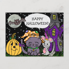 ハッピーハローウィン黒猫とネズミかわいい ポストカード