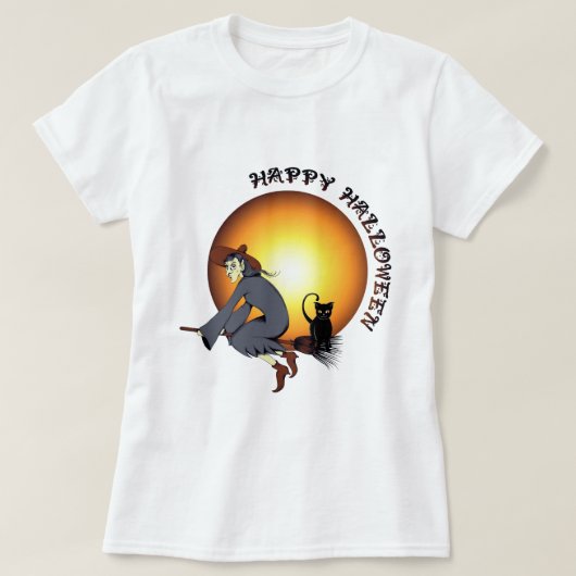 ハッピーハローウィン黒猫と魔女 Tシャツ (デザイン正面)