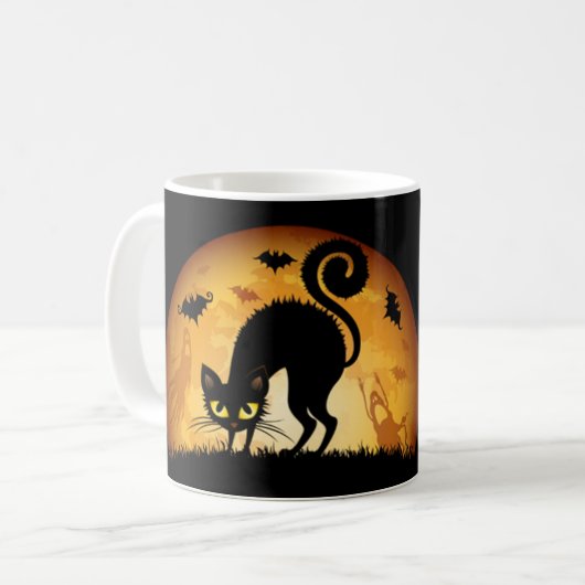 ハッピーハローウィン黒猫不気味な幽霊のよく出るこうもりマグ コーヒーマグカップ (正面左)