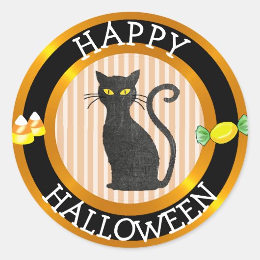 ハッピーハローウィン黒猫及びキャンデーのステッカー ラウンドシール (正面)