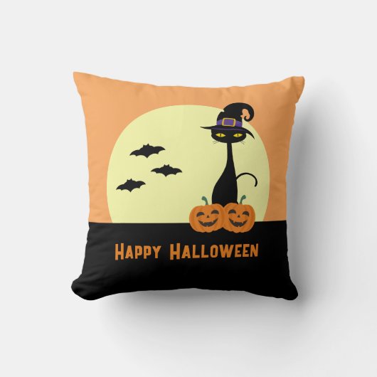 ハッピーハローウィン黒猫 クッション (正面)