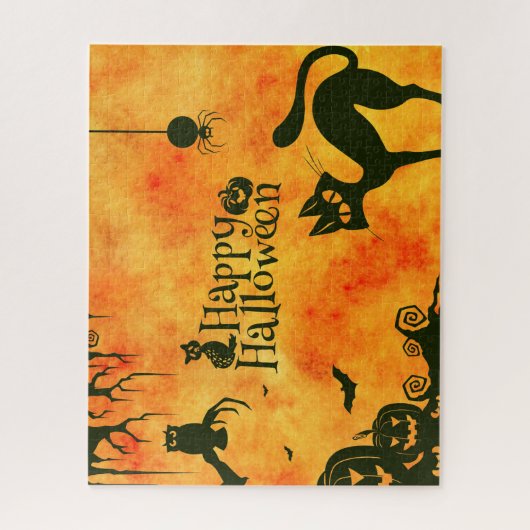 ハッピーハローウィン黒猫、フクロウ、カボチャ ジグソーパズル (縦)