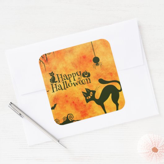 ハッピーハローウィン黒猫、フクロウ、カボチャ スクエアシール (封筒)