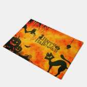 ハッピーハローウィン黒猫、フクロウ、カボチャ ドアマット (アングル)