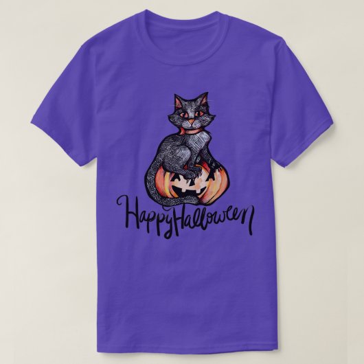 ハッピーハローウィン黒猫 Tシャツ (デザイン正面)