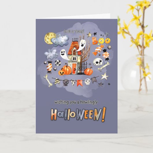 ハッピーハローウィン。おもしろい不気味ハウス カード (黄色い花)