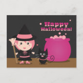 ハッピーハローウィン、かわいいピンクの魔女と黒猫 ポストカード (正面)