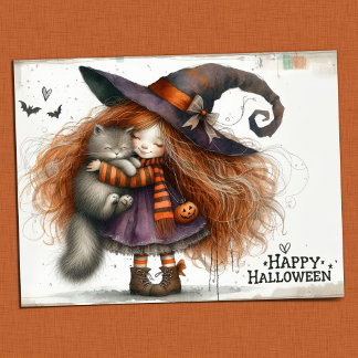 ハッピーハローウィン – かわいい魔女と黒猫 ポストカード