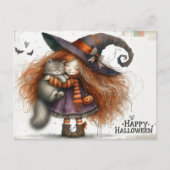 ハッピーハローウィン – かわいい魔女と黒猫 ポストカード (正面)